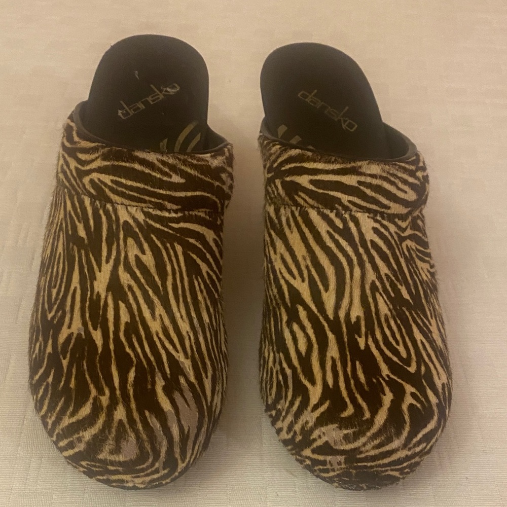 DANSKO Animal Print Clogs in Black and Tan